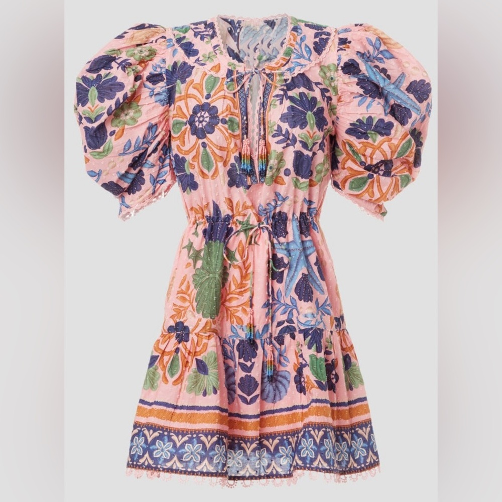 Farm Rio Seashell Tapestry Mini Dress Size Small Pink Floral Beaded Retail $238